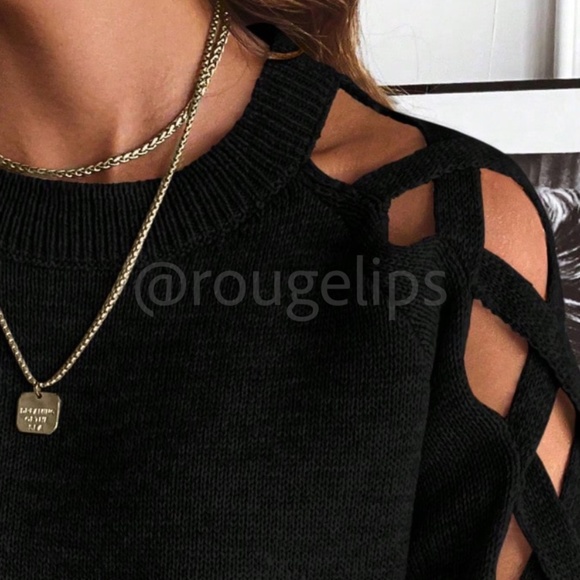 Black Knit Criss Cross Straps Cut Out Sleeve Sweater Pullover - Picture 7 of 11